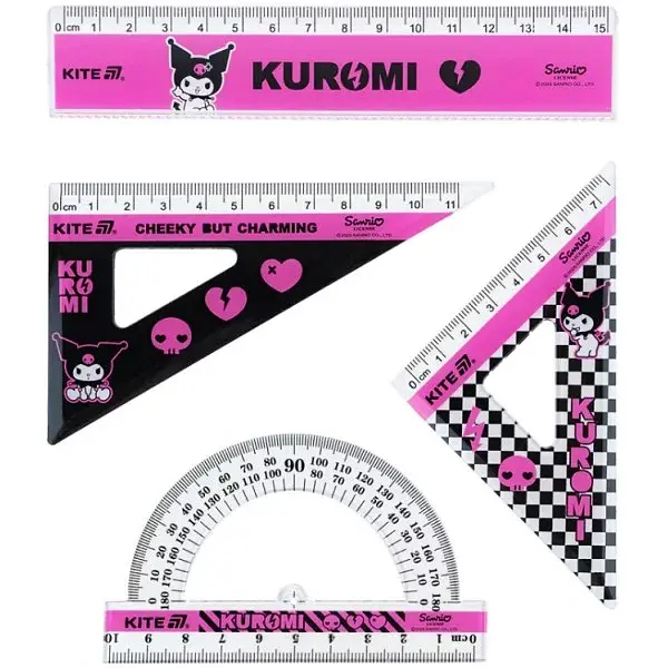 Набір геометричний "Kite" №HK25-282 Kuromi (лінійка 15см,2 косинця,транспортир)