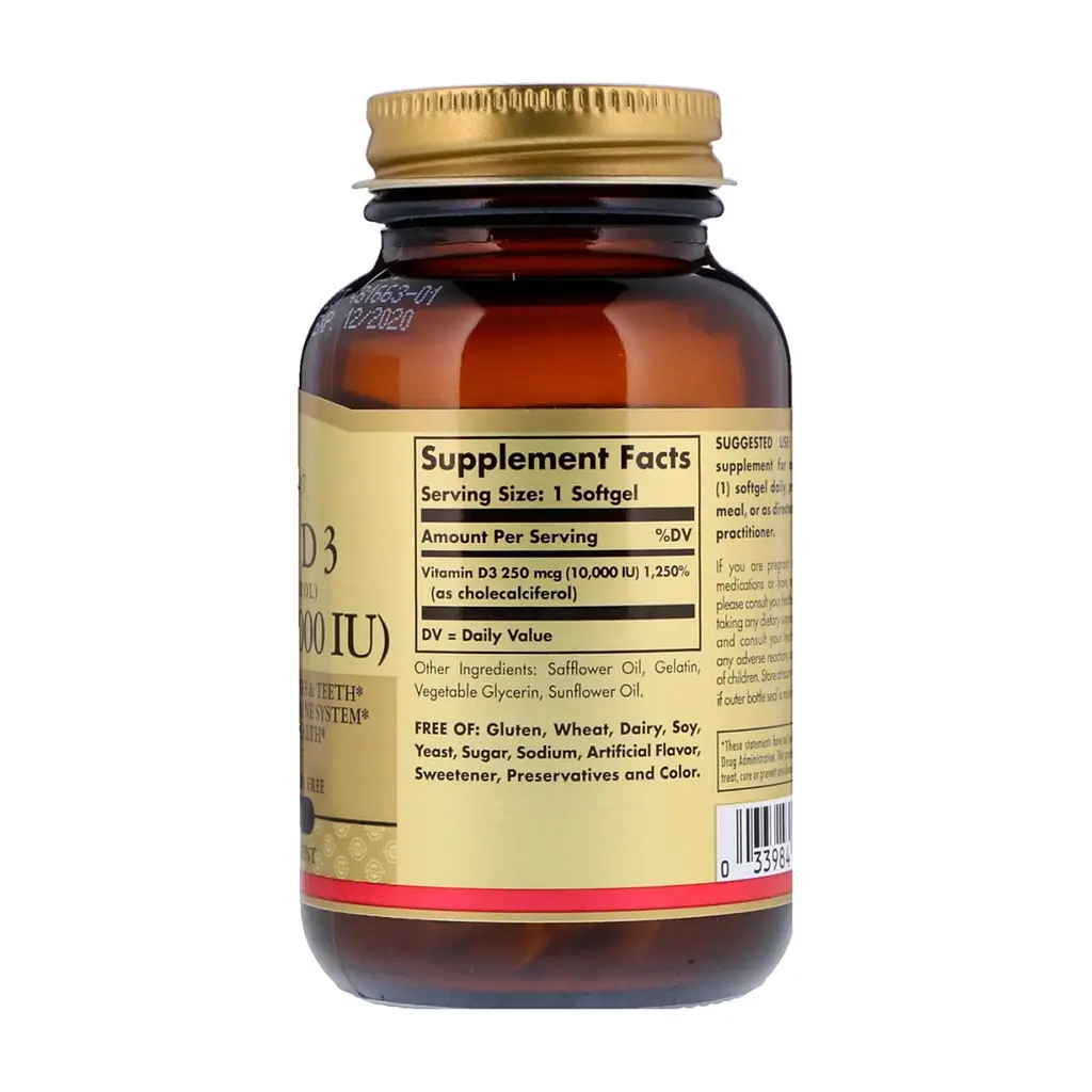 Вітамін Solgar Вітамін D3, Vitamin D3 (Cholecalciferol), 250 мкг, 10,000 МE (SOL-35872) - фото 2