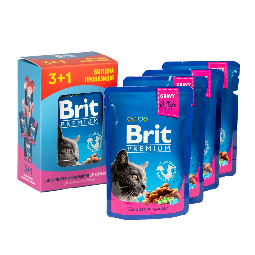 Набор влажного корма Brit Premium Cat с курицей и индейкой 3+1 х 100 г - фото 2