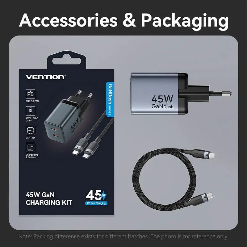 Зарядное устройство Vention 45W GaN 2×USB-C PD 3.0/QC с кабелем USB-C M-M чёрный (TZ-FCDH0-EU) - фото 8