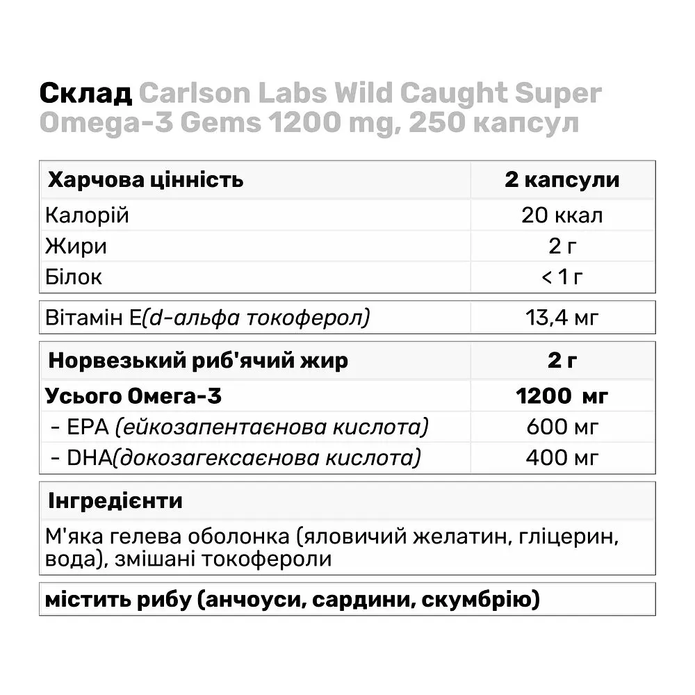 Жирні кислоти Carlson Labs Super Omega-3 Gems 1200 mg Wild Caught, 250 капсул - фото 3