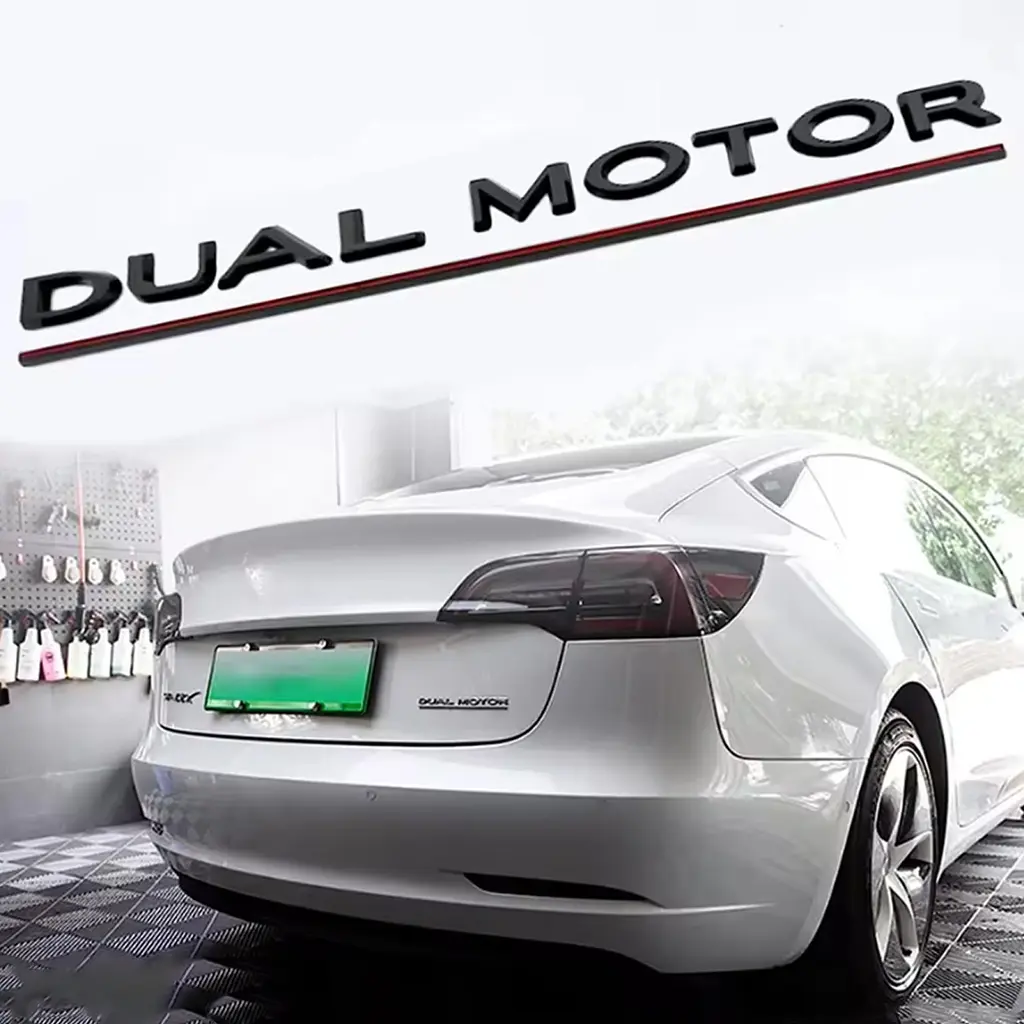 Емблема напис DUAL MOTOR для Tesla Чорна матова Чорно-Червона лінія Пластик на скотчі (Завод) - фото 3