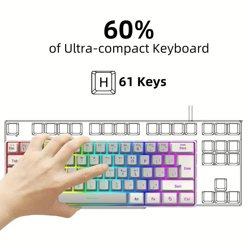 Snpurdiri 60% Дротова Ігрова Клавіатура, RGB Підсвічування, Компактна 61 Клавіша. Tadvyy, V800 balta ir pilka - фото 3