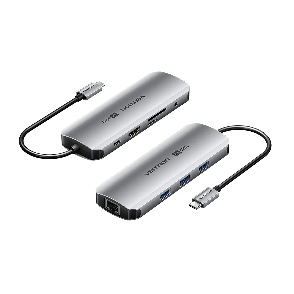 Док-станція USB-C 9-в-1 Vention HDMI до 4K 60 Гц 3 USB-A 3.0 для даних до 5 Гбіт/с Gigabit Ethernet RJ45 до 1000 Мбіт/с SD/microSD (TF) читання/запис лише однієї картки за раз комбінований аудіороз’єм 3,5 мм TRRS для OMTP/CTIA заряджання пристрою PD до 100 Вт із зовнішнім живленням через вхід PD HDMI потребує USB-C з DisplayPort Alt Mode сумісність із Thunderbolt 3/4 вбудований кабель USB-C 0,15 м сірий (TQLHB)