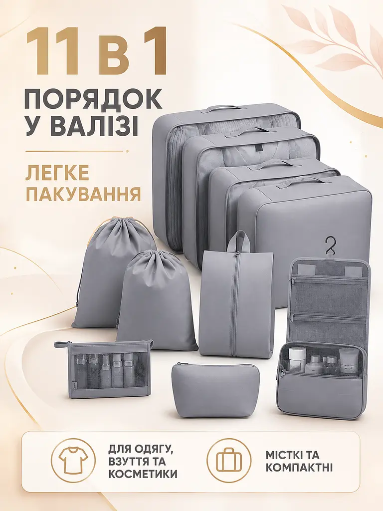 Набір дорожніх органайзерів для валізи 11 в 1 для одягу, взуття та косметики сірий (49676173) - фото 2