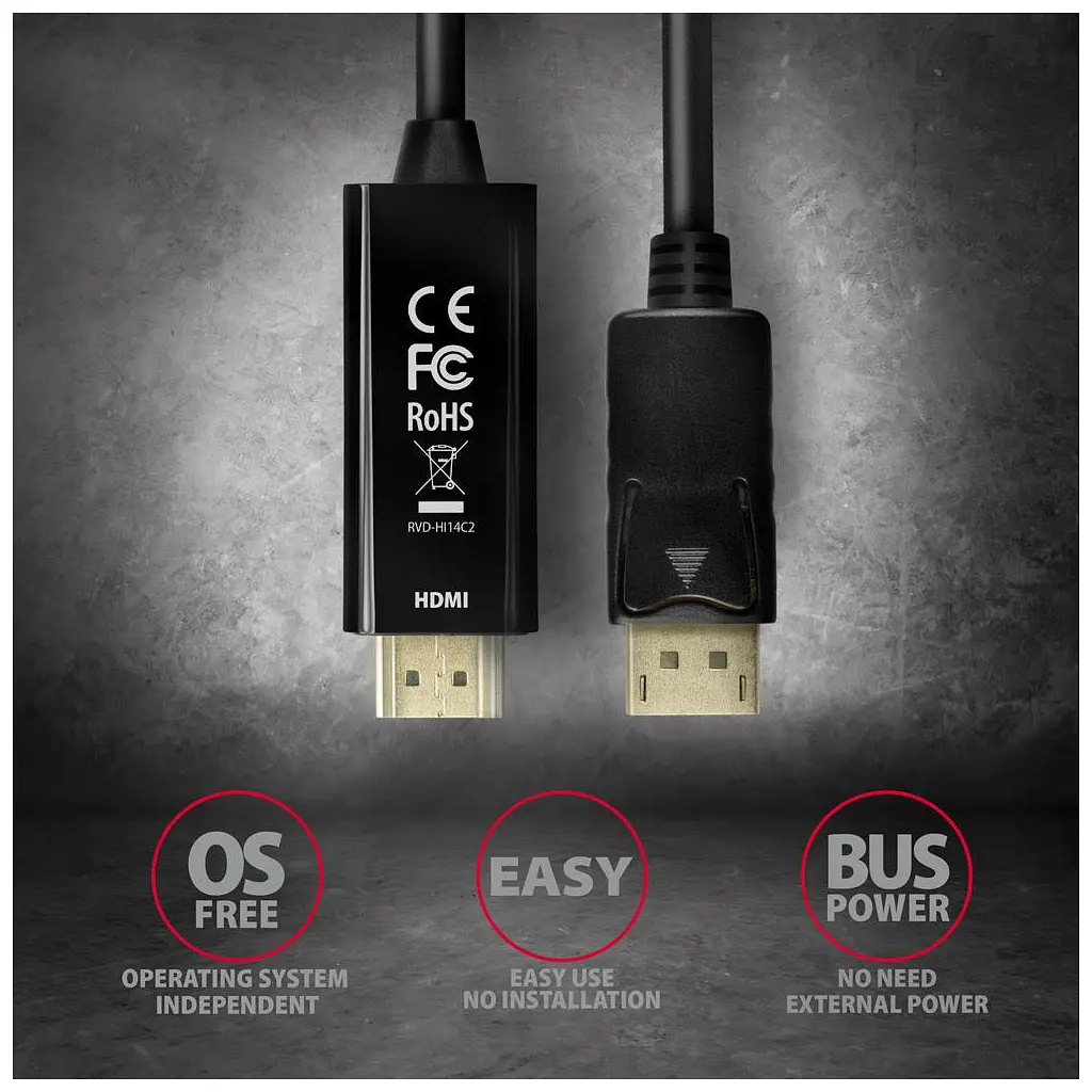 Кабель мультимедійний Axagon HDMI M - DisplayPort M 4K 30Hz чорний 1.8 м (RVD-HI14C2) - фото 5