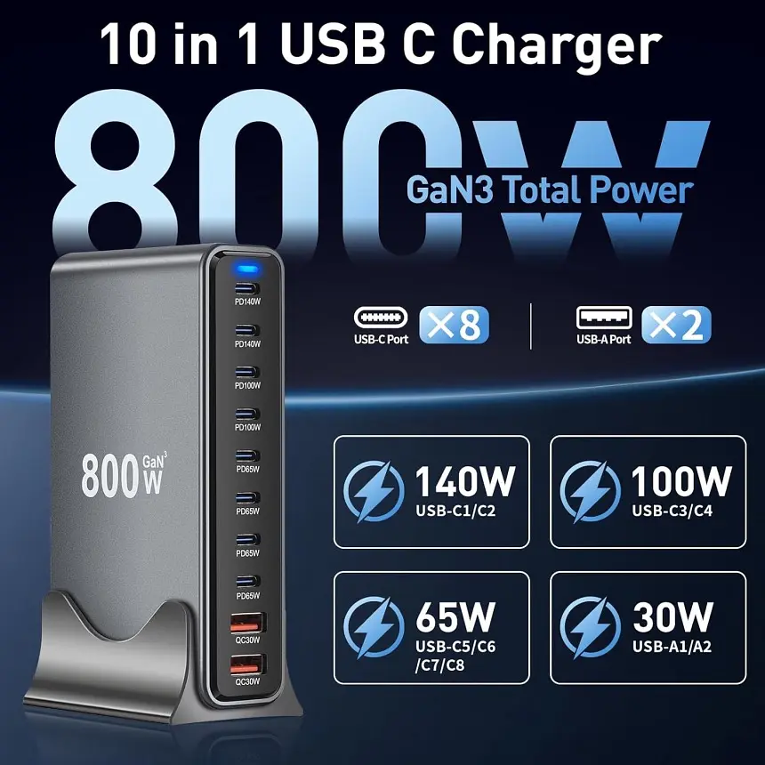Зарядная станция ILEPO 800W многопортовая на 2 USB + 8 Type-C / сетевое мультизарядное устройство Black (19022) - фото 6
