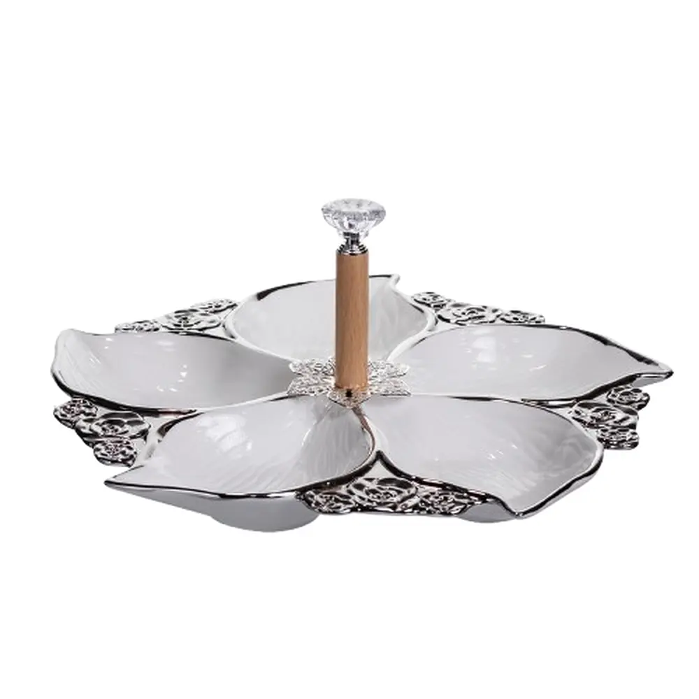 Менажница фарфоровая на 5 секций для закусок 30×30×13 (см) тарелка для подачи Белый с серебром Yiwu 918-44S - фото 2