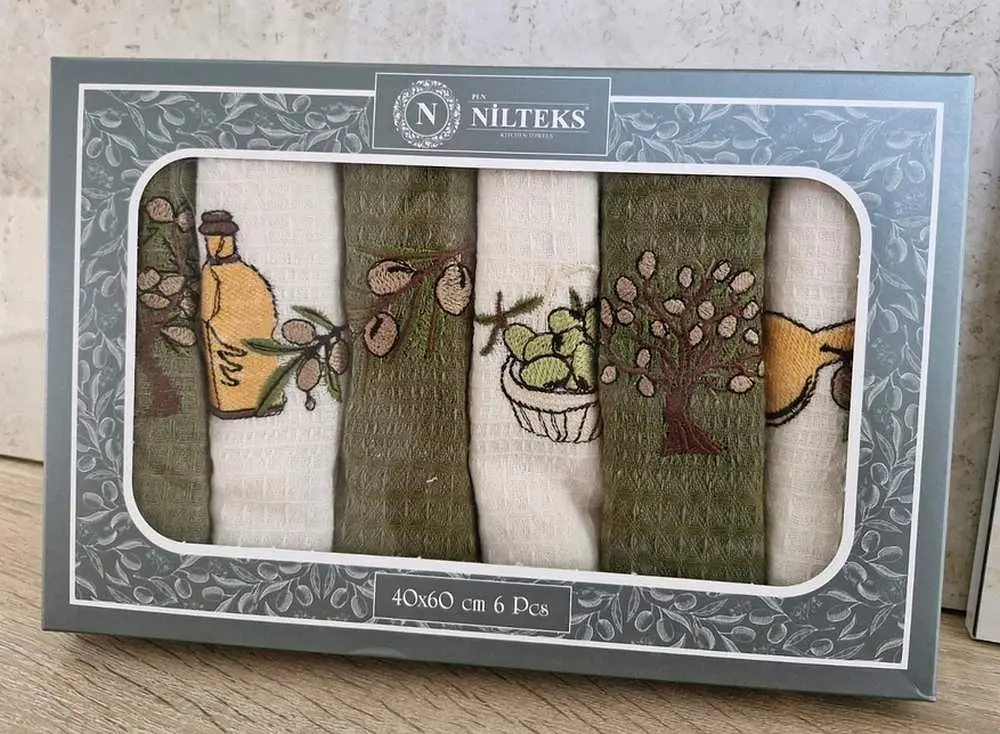 Набір рушників для кухні Nilteks 6 штук 40х60 вафельні з вишивкою Olive - фото 2