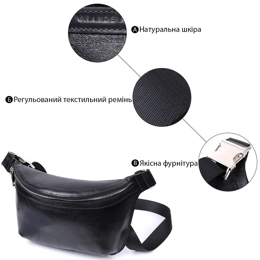 Шкіряна бананка унісекс GRANDE PELLE 22813 чорна - фото 8