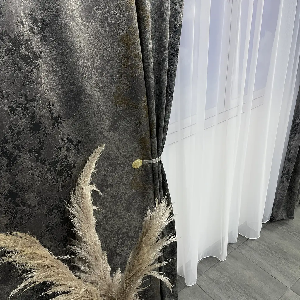 Жакардові мармурові штори сіро-золотистого кольору 2шт. 150х270 з білим шифоновим тюлем 400х270, на ALBO pbe0052755 - фото 6