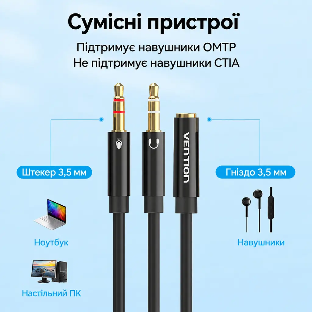 Аудиоразветвитель для гарнитуры Vention 1 м Сплиттер 2 штекера 3,5 мм к отдельным портам ПК для наушников и микрофона и 4-контактное гнездо 3,5 мм для комбинированного штекера Совместимость с OMTP без поддержки CTIA Регулируемое Y-разветвление для подстройки под расположение портов чёрный с золотистыми штекерами (BBTBF) - фото 2