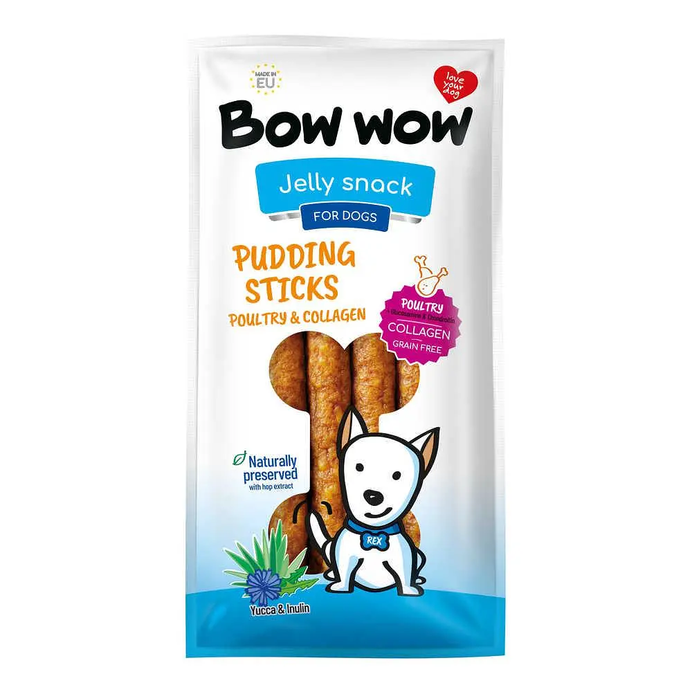 Ласощі для собак Bow Wow, пудингові палички з м'ясом птиці, колагеном, юкою та інуліном, 27–30 см