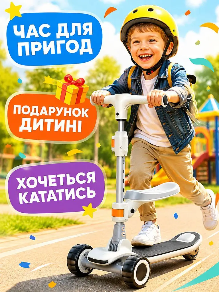 Дитячий самокат-біговел 2в1 білий із сидінням музикою та підсвічуванням коліс (49675961) - фото 8