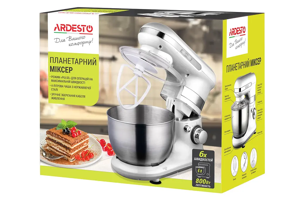 Міксер планетарний Ardesto 800 Вт насадки-3, чаша-нерж., метал, 4л, Pulse-режим, білий - фото 10