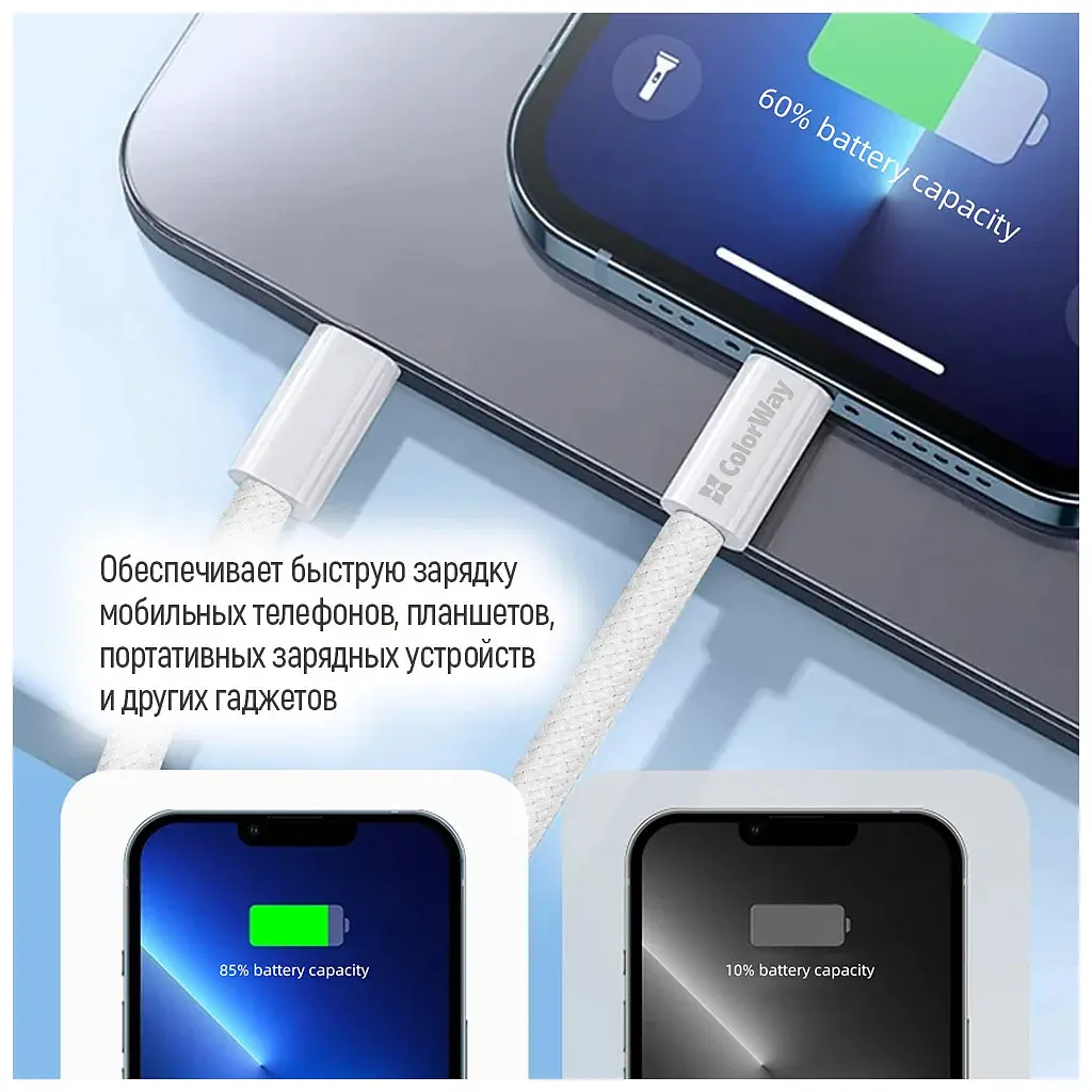 Дата кабель USB-C to Lightning 2.0m PD 27W braided gray ColorWay (CW-CBPDCL068-GR) - фото 12