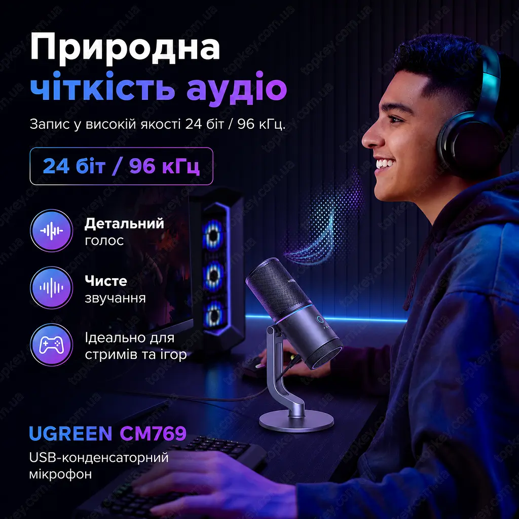 Настільний USB мікрофон UGREEN CM769 з RGB-підсвіткою та шумоподавленням - фото 3
