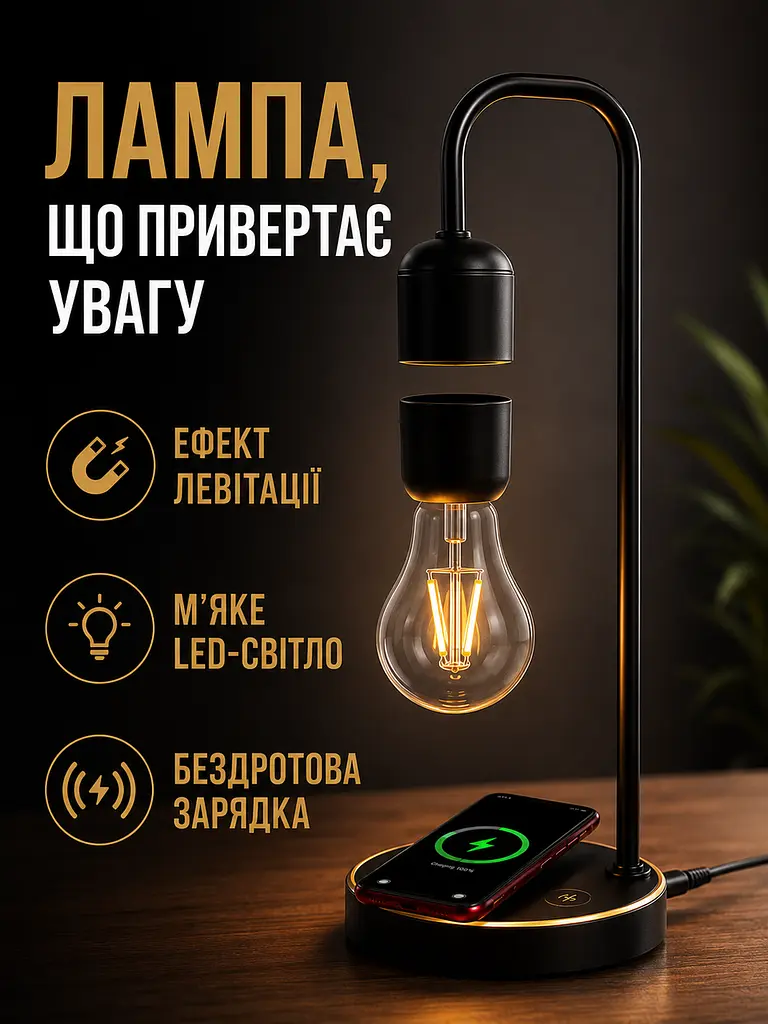 Антигравітаційний світильник чорний 10 W з бездротовою зарядкою та левітуючою LED-лампою (49675927) - фото 2