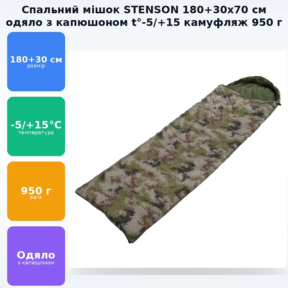 Спальний мішок ковдра з капюшоном спальник PL 180+30х70см t -5 до +15 950г STENSON камуфляж - фото 2
