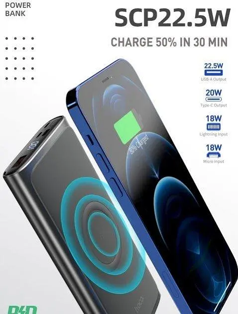 Портативная батарея Power Bank Hoco Q6 Aegis 22.5 W с функцией беспроводной зарядки 10000mAh Dark gray - фото 2