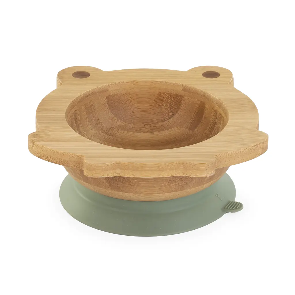 Детская бамбуковая тарелка Miniland Wooden Bowl Frog, на присоске, с ложкой, коричневый с зеленым - фото 3