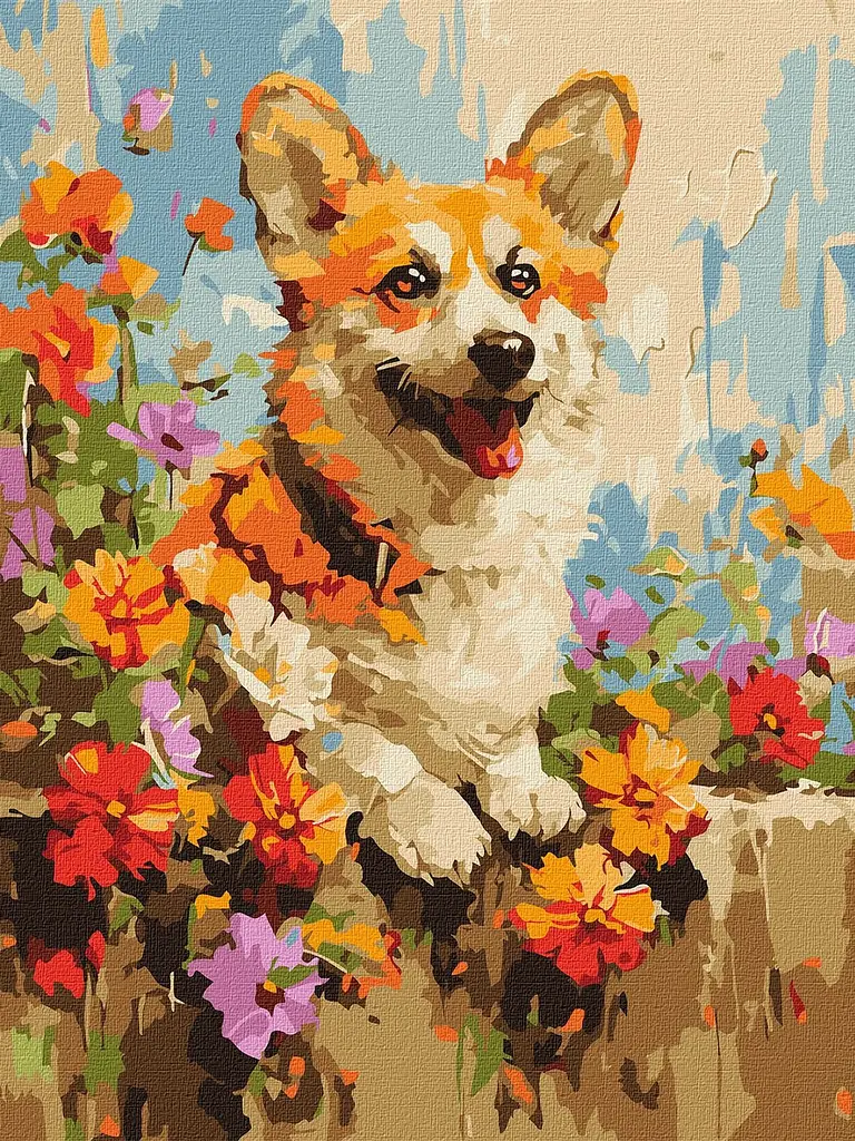 Картина за номерами Коргі у квітах 30x40 см Ідейка KHO 6616