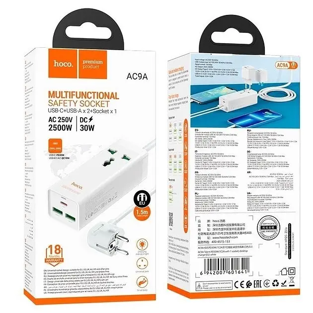 Фильтр-удлинитель Hoco AC9A Talent desktop charger (1 х розетка 2 х USB 1 х Type-C)  30W 10A - фото 6