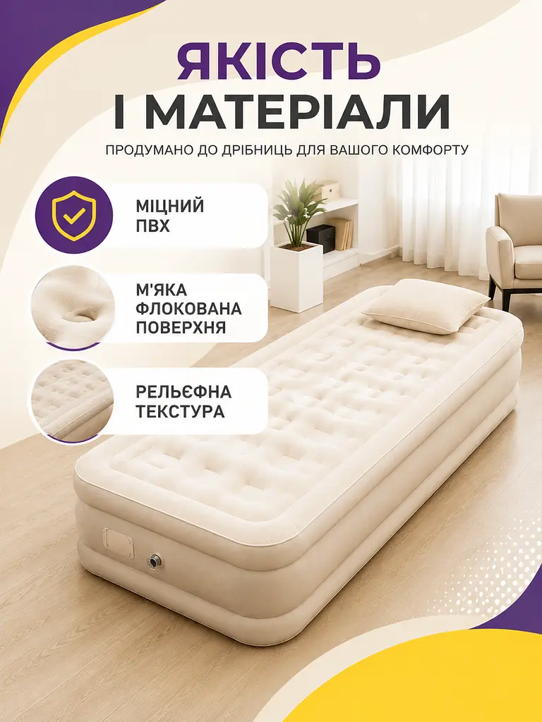 Надувне ліжко-матрац односпальне 190×100×40 см із вбудованим насосом до 300 кг і подушкою для дому та дачі (49676099) - фото 3