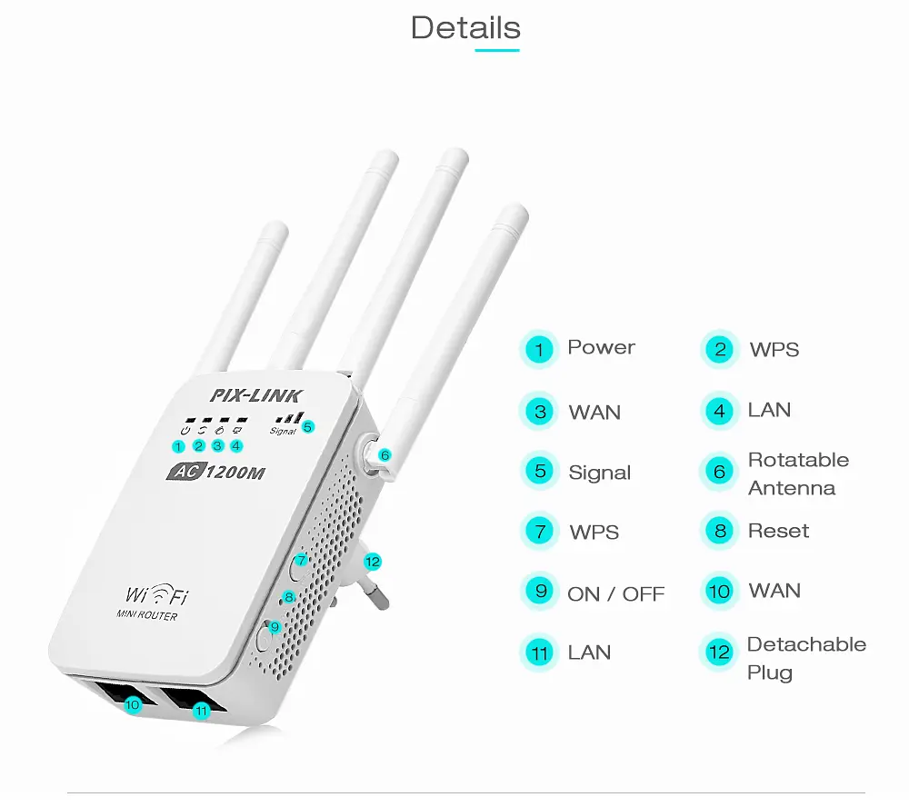 Міні Wi-Fi Роутер підсилювач сигналу ретранслятор репітер точка доступу 1200 Мбіт/с WIFI PIX-LINK LV-AC05 - фото 2