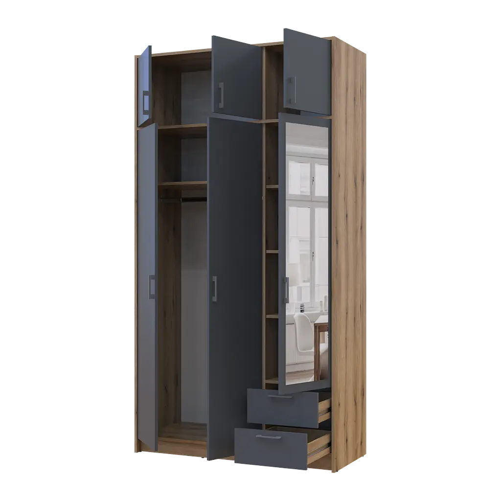 Шафа для одягу Doros Ронді з антроселей і дзеркалом Дуб Артизан/Графіт 3ДСП 121х52х236 (80737820) - фото 2