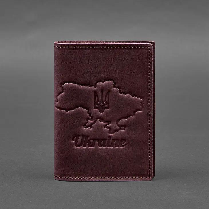 Шкіряна обкладинка для паспорта з мапою України бордовий Crazy Horse - фото 7