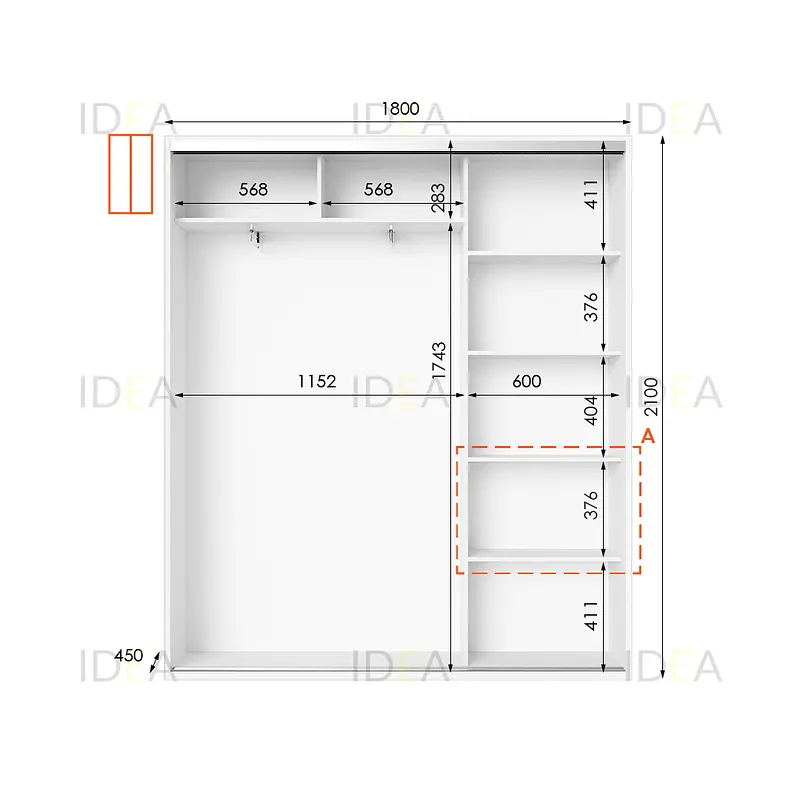 Шафа-купе Idea серія 5 180 x 45 x 210 см Білий Дзеркало - фото 2