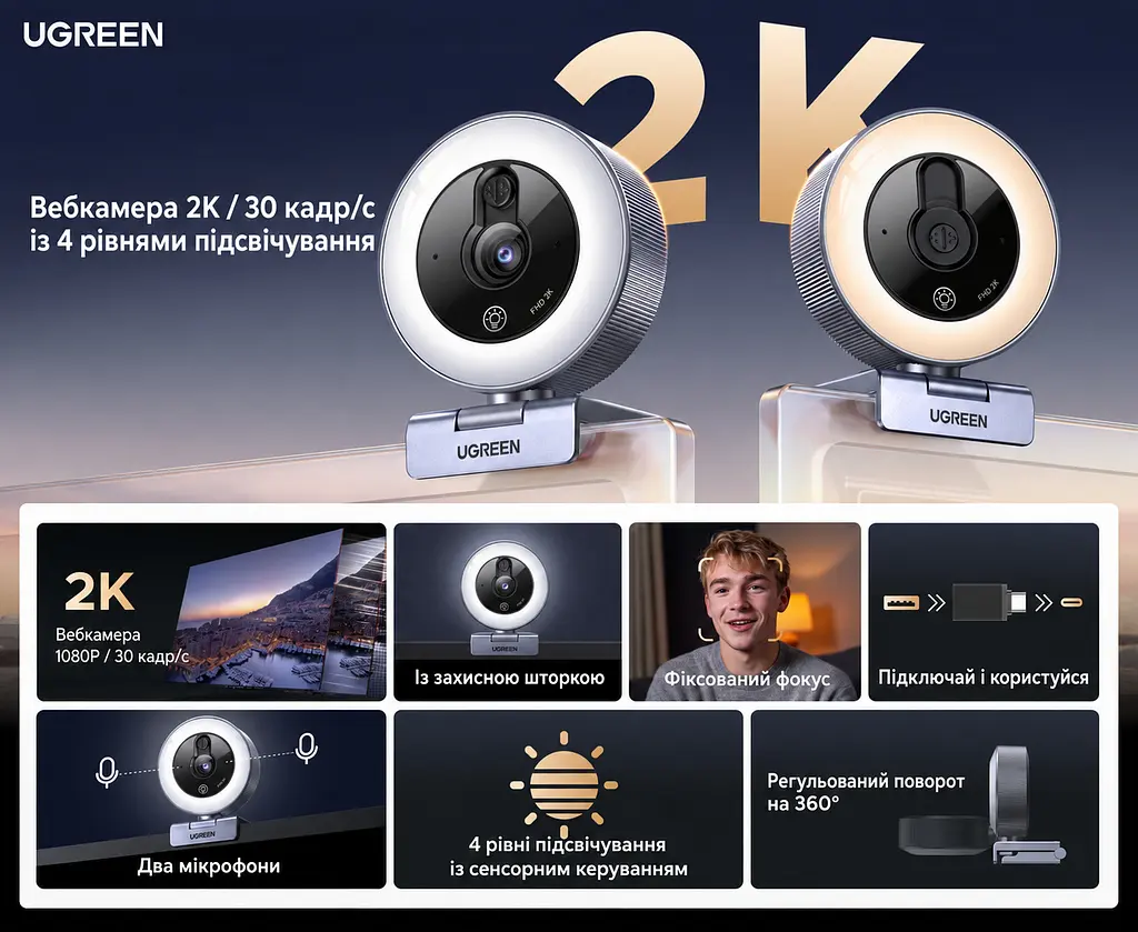 Вебкамера з підсвічуванням UGREEN CM910 2K 30 кадр/с з роз’ємом USB-C із сенсорним перемиканням (65857) - фото 2