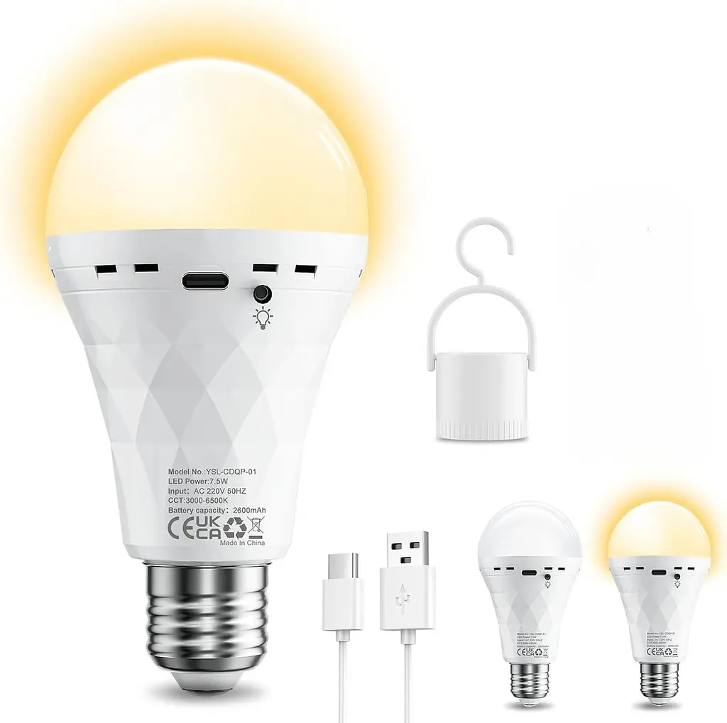 Перезаряджувана LED лампа E27 з акумулятором 2600 мАг, USB-C та підвісним гачком