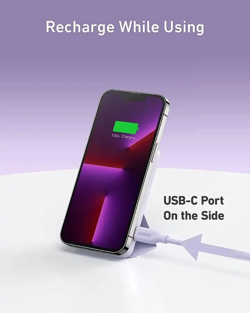 Магнитный павербанк Anker 622 MagGo 5000 mAh 12 W с беспроводной зарядкой и подставкой фиолетовый - фото 3