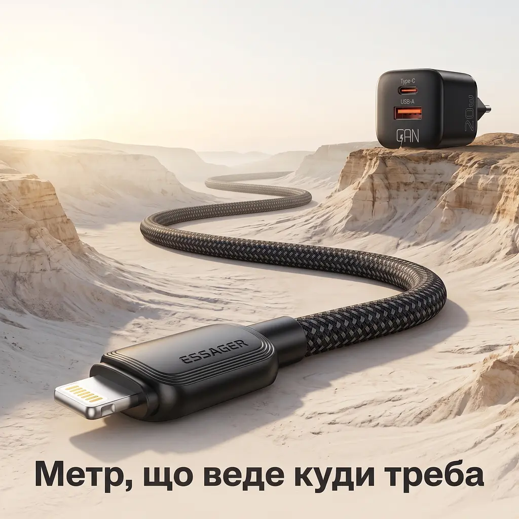 Швидка зарядка iPhone компактний GaN-блок 20 Вт на два порти та нейлоновий кабель USB-C — Lightning - фото 9