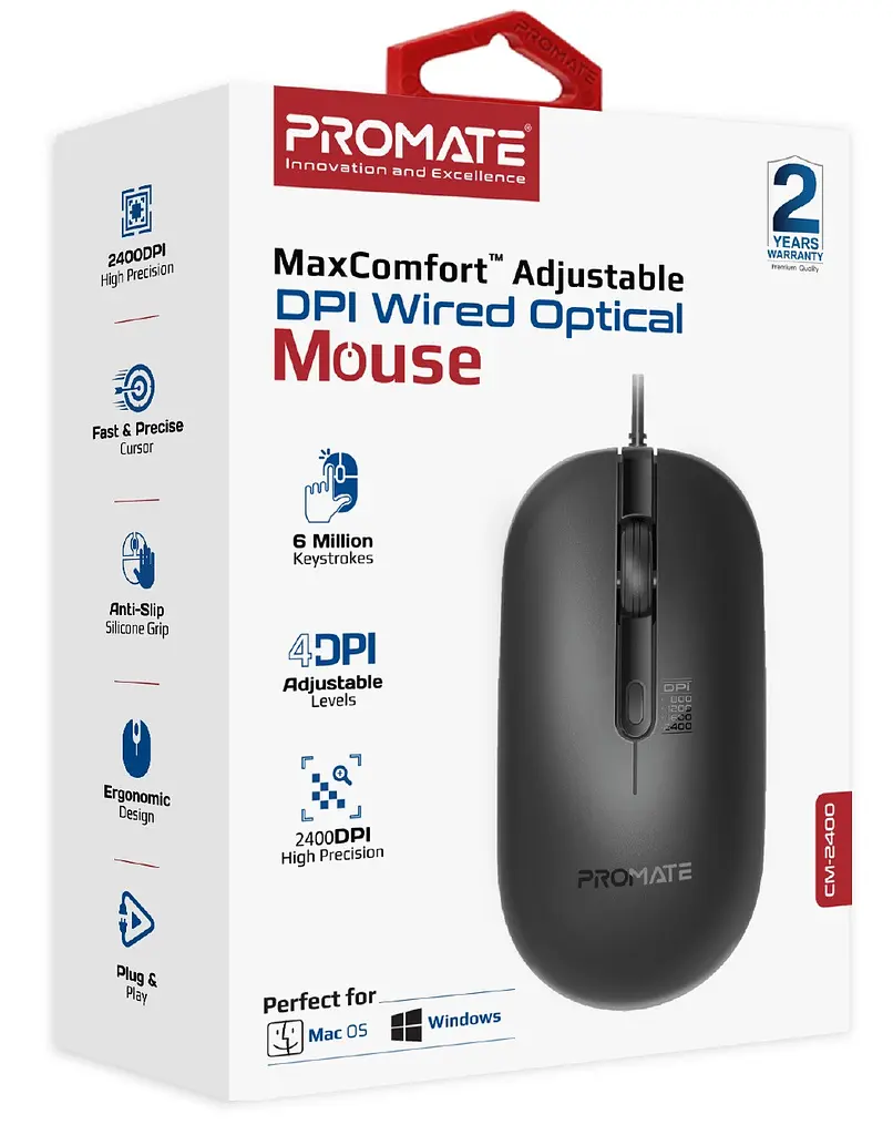 Миша Promate CM-2400 Max Comfort Adjustable wired mouse (2400 dpi) дротова чорна - фото 7