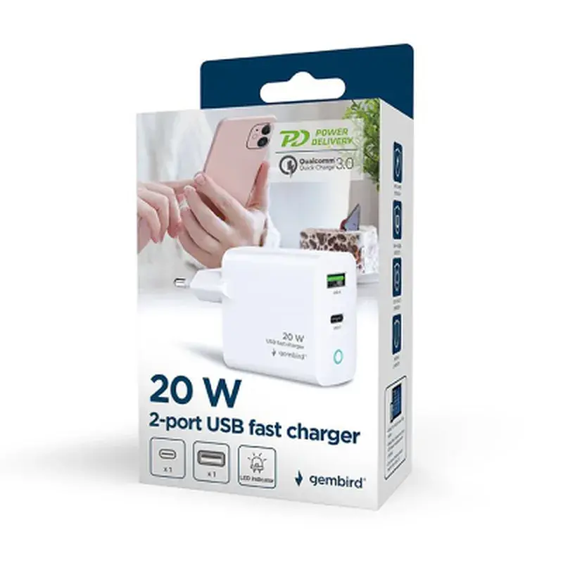 Зарядний пристрій Gembird 1xUSB-A + 1 Type-C (PD20Вт + QC3.0 18Вт) white (TA-UC-PDQC20L-W-01) - фото 7