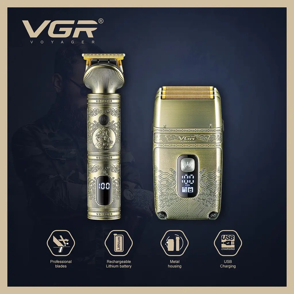 Шейвер-тример VGR V-649 Shaver Set, електробритва з насадками, чоловіча, акумуляторна, з дисплеєм - фото 5