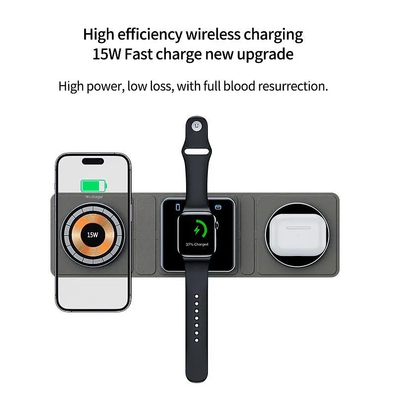 Зарядка Qi 3in1 Foldable Magnetic Wireless Charger XYJ X8 для 3 гаджетов Phone Apple Watch AirPods - фото 2