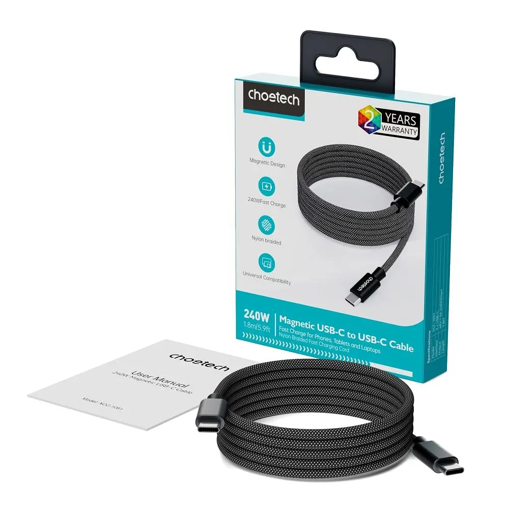 Кабель Choetech XCC-1052 Black USB-C to USB-C Magnetic PD3.1 240W 1.2m (43-00129) - фото 5