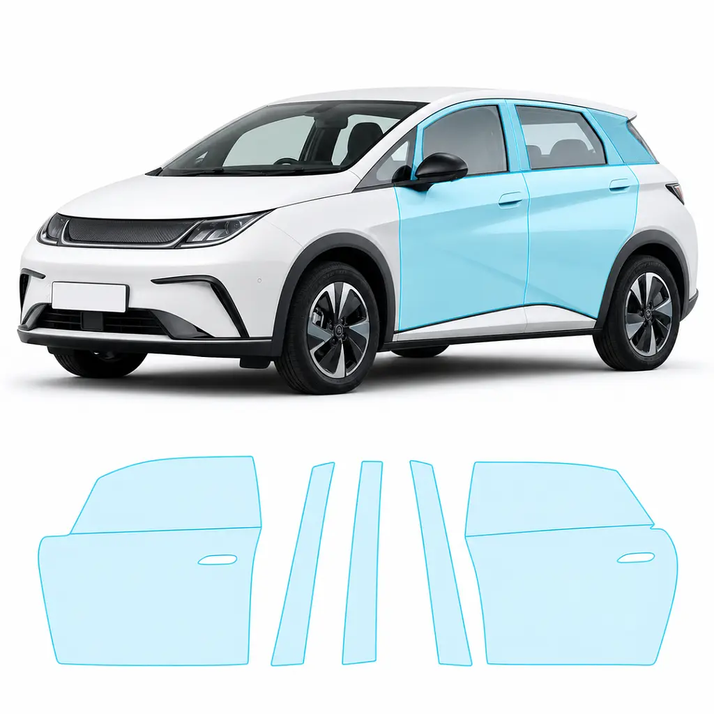 Антигравійна захисна бронеплівка за лекалами для BYD Dolphin I facelift 2025- зони дверей і стійки вікон