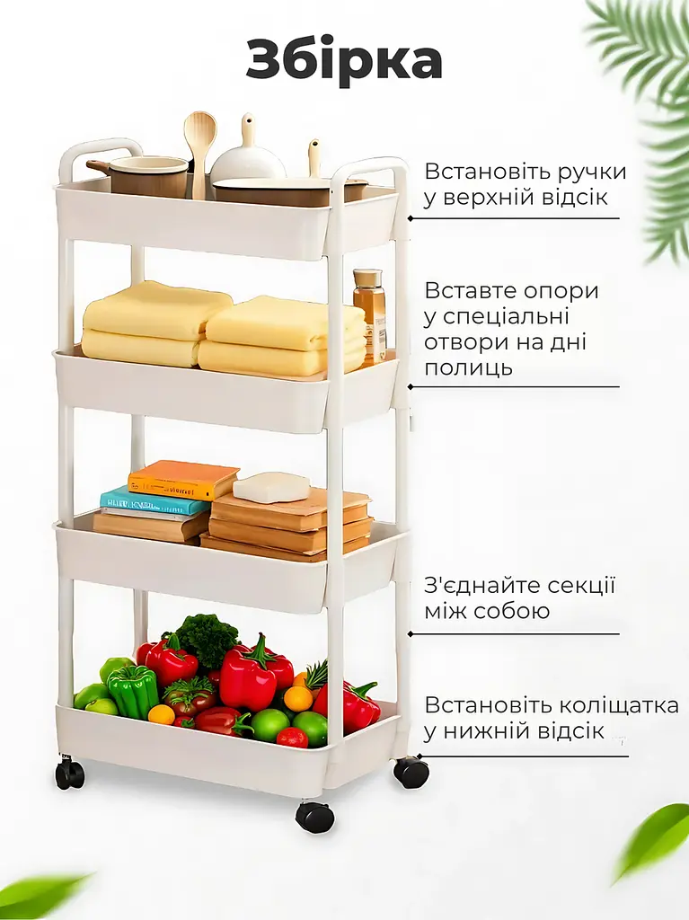 Універсальна пересувна етажерка на коліщатках 360°, 4 яруси, 21.5х32.5х97 см, Зручний стелаж - візок на колесах, Білий - фото 5