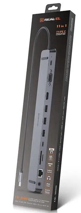 USB-Хаб Real-EL CQ-1000 USB3.0х3/USB-C/HDMI/VGA/RJ45/SD/TF/3.5 mm audio, 0.4m, Space Grey UAH (EL123110005) - фото 5