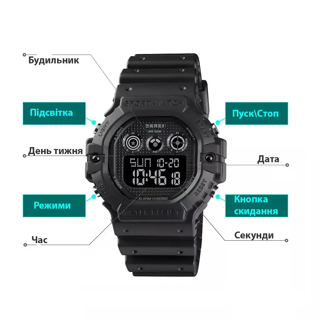 Спортивний чоловічий годинник Skmei 1606 (Чорний з чорним) - фото 7