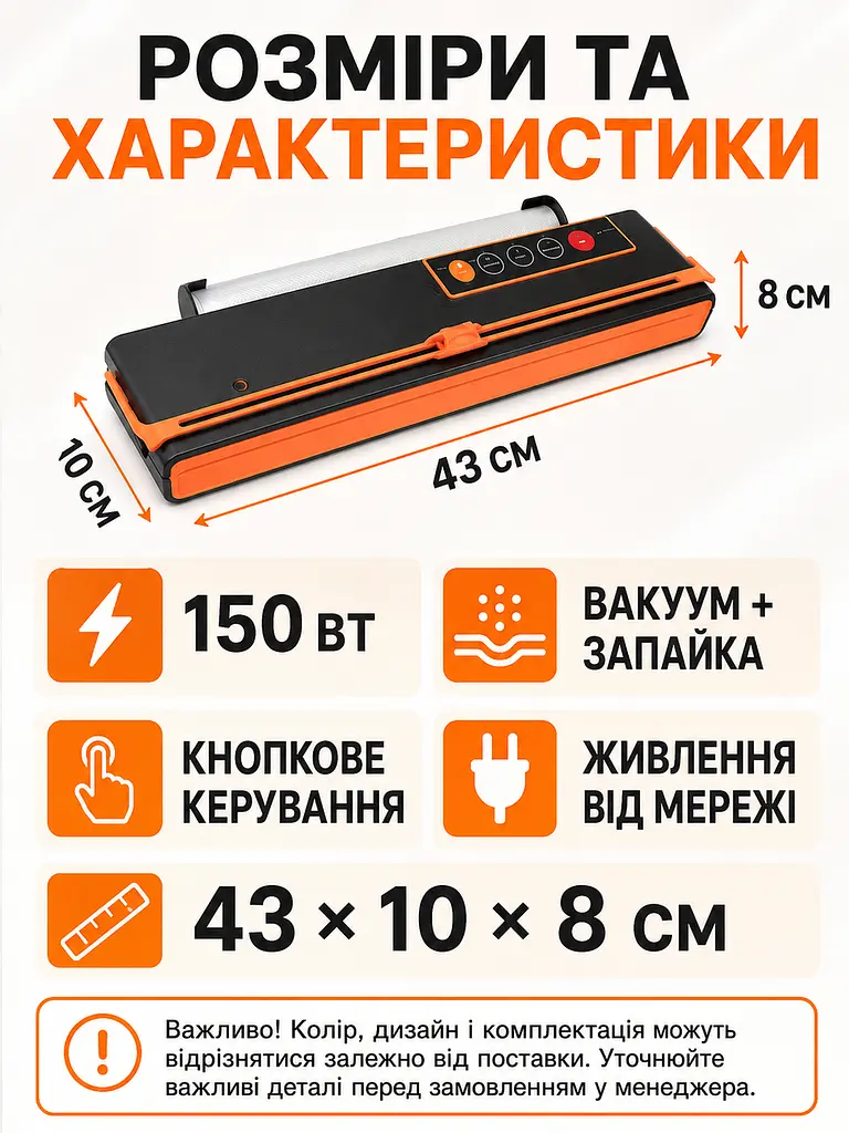 Вакуумний пакувальник для продуктів 150 Вт із запаюванням пакетів для дому та кухні, чорного кольору з помаранчевими елементами - фото 3