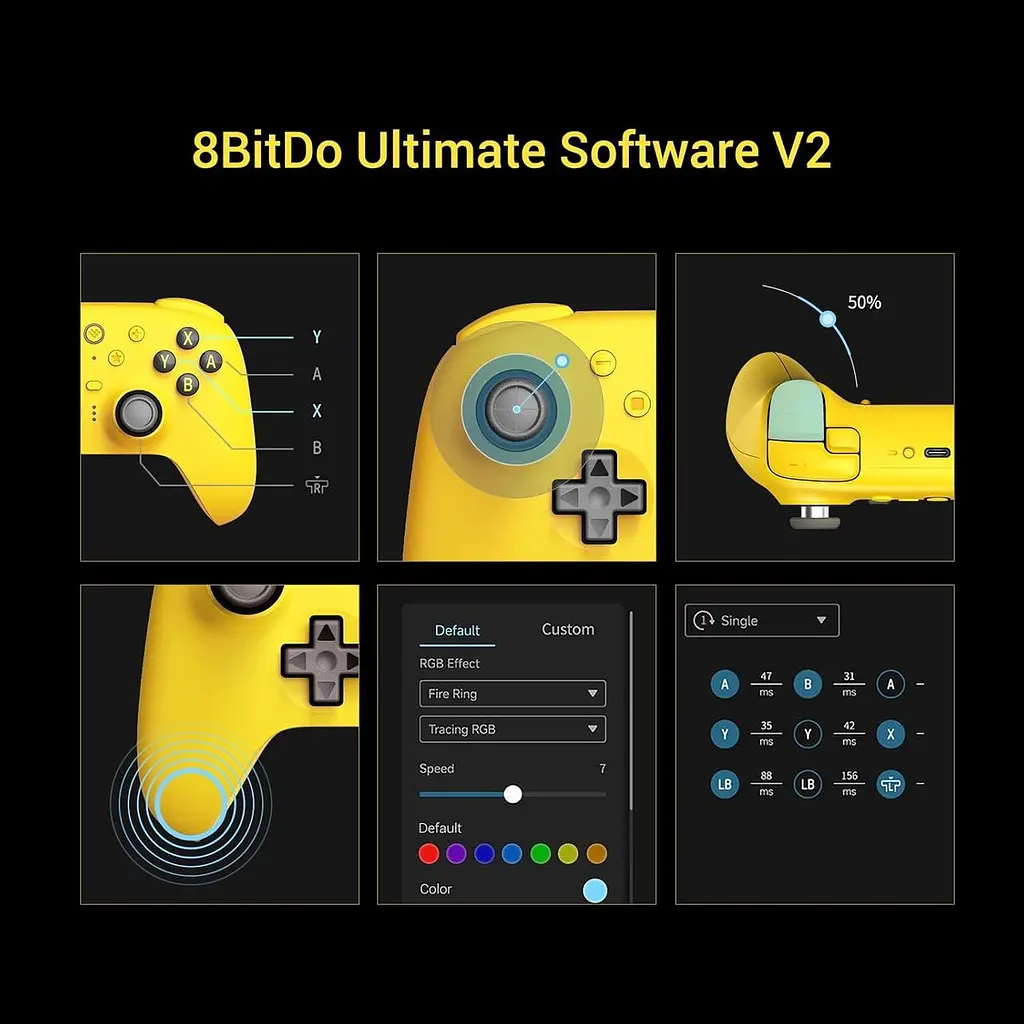 Геймпад 8BitDo Ultimate 2 Bluetooth Switch, Switch 2, ПК з Windows, TMR, Еффект Холла Жовтий - фото 2
