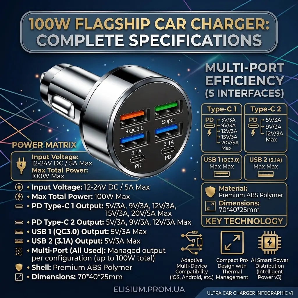Автомобільний зарядний пристрій 6-в-1 PowerHub 100Вт (4USB + 2PD) - фото 13