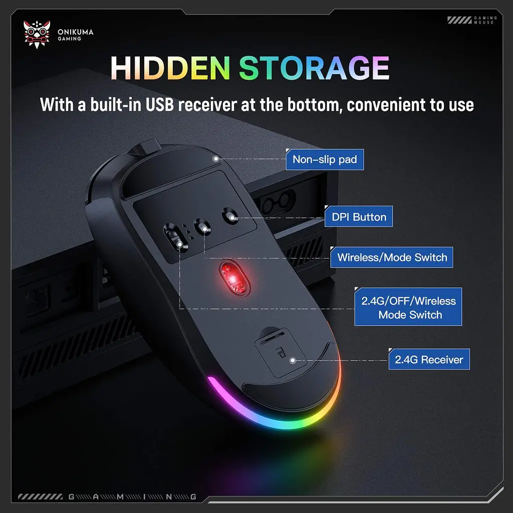Компьютерная мышка Onikuma с RGB подсветкой 12000 DPI 3 режима подключения Bluetooth/2.4GHz/проводное - фото 5