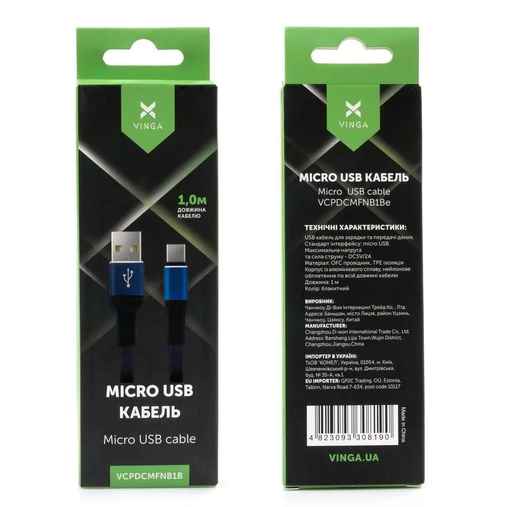 Дата кабель USB 2.0 AM to Micro 5P 1m flat nylon blue Vinga (VCPDCMFNB1B) - фото 4